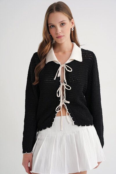 Mixray 6945 Women's Openwork Tie-Up Knitwear Cardigan Black
