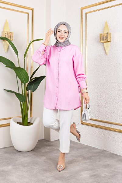 Moda Ebva Kolları Bağcık Detaylı Tesettür Tunik-5218 Pembe