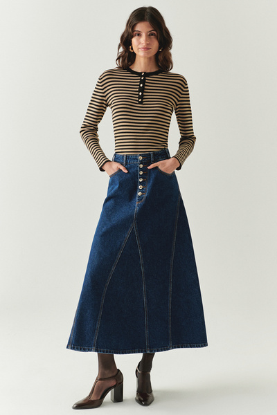 Exquise Cotton Pocket Denim Regular Midi Indigo Skirt