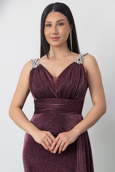 PULLIMM Shoulder Stone Detail Silvery Evening Dress 39844
