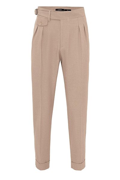 Antioch Light Beige High Waist (Boyfriend) Pleated Fabric Trousers with Buckle Belt