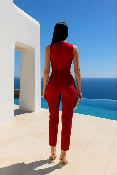 MetuCA Women's Double Breasted Collar Lace Guipure and Belt Detail Jumpsuit