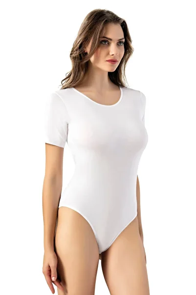 Batıdan Women's Crew Neck Plain Style Short Sleeve Comfortable White Snap Closure Bodysuit Single - White - Batdnkoj-6O18T2-Be