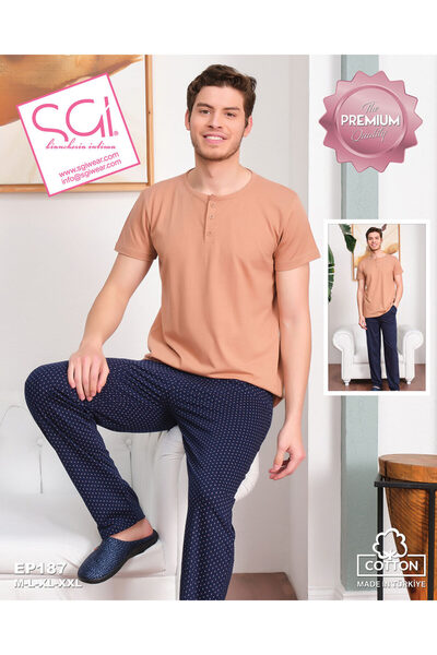 SGİ Men's Comfortable Cotton Sleepwear Set - Beige T-shirt with Blue Polka Dot Pants