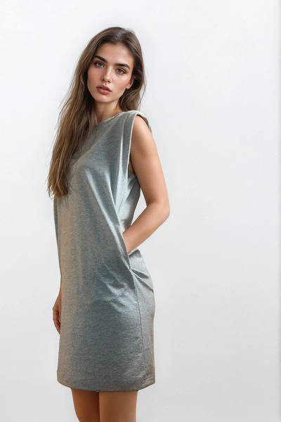 poupee Women's Dress, Gray Women's Dress, Gray Combed Cotton Dress, Padded Dress, Sleeveless Dress