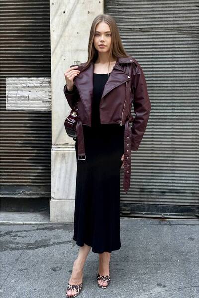 S&M CLOTHİNG New Season Belt Crop Women's Leather Jacket