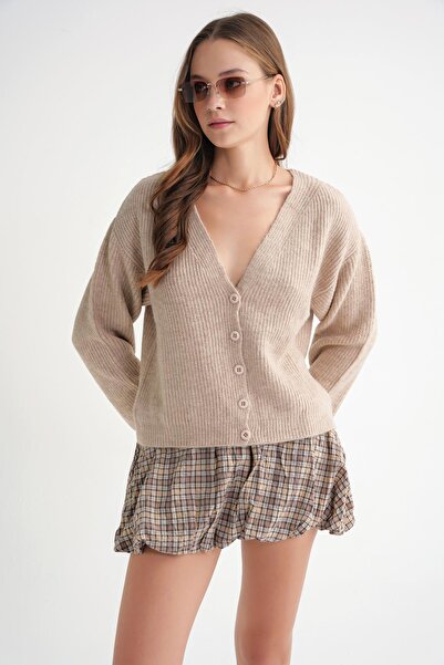 Mixray 6943 Γυναικεία Ζακέτα Σελάντικο με λαιμόκοψη σε μπεζ χρώμα