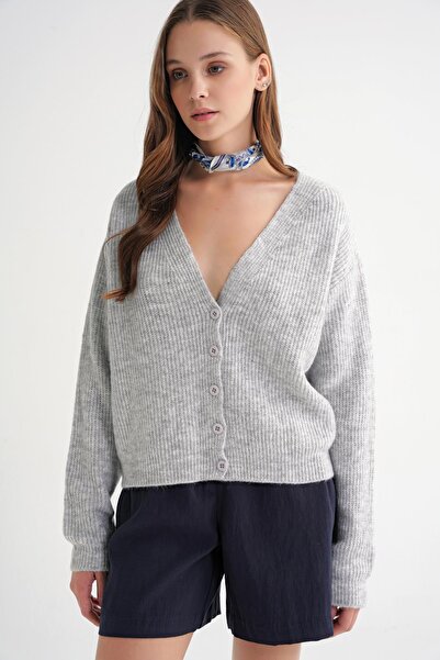 Mixray 6943 Γυναικεία Ζακέτα Σελάντικ με λαιμόκοψη σε γκρι