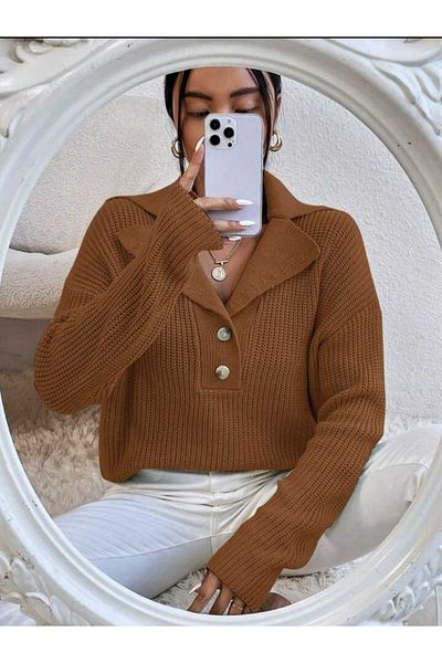 Gülçin Coşkun Buttoned Jacket Collar Comfortable Fit Women's Knitwear Sweater