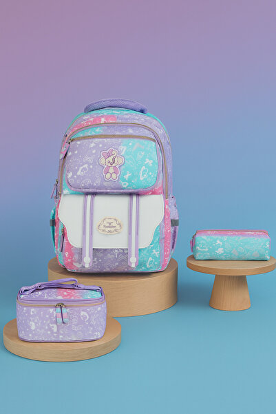 nacar çarşı Kız Çocuk Kore Tarzı Mavi Pembe Desenli İlkokul Çantası Seti 3'lü...