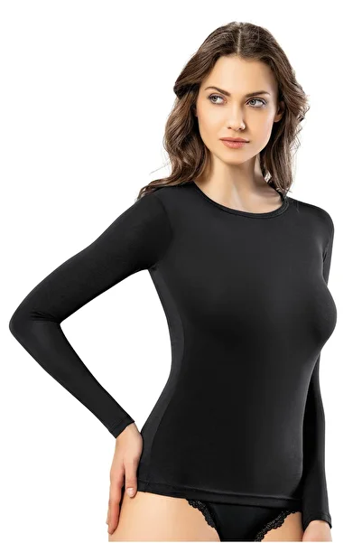 Bonnie Clyde Women's Long Sleeve Crew Neck Cotton Solid Style Black Singlet Single Battal - Bcp1.Kof-Bga-H6023-Si