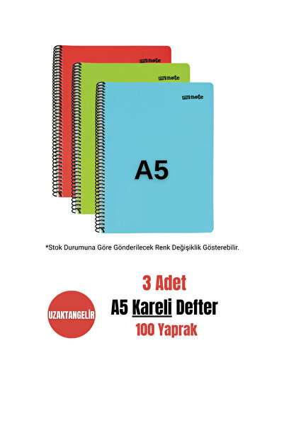 uzaktangelir Mynote A5 100 Sheets Spiral Plastic Cover Checkered Notebook (3 Pieces)
