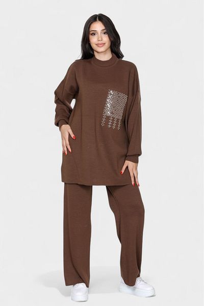 NEWCO Women's Knitwear Set Side Slit Detailed Long Top and Comfortable Cut Pants Double Combination