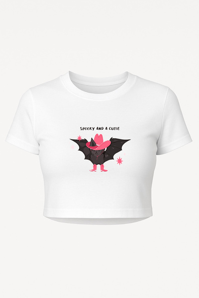 Altair Tr Oversize White Women's Spooky and a Cutie Cowboy Bat Printed Crop