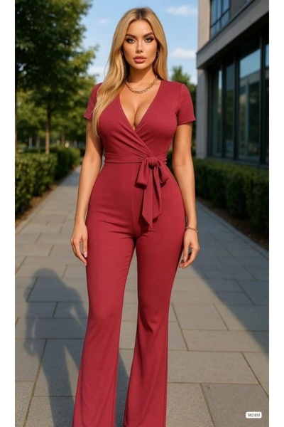 MetuCA Women's Double Breasted Lapel Short Sleeve Belted Jumpsuit