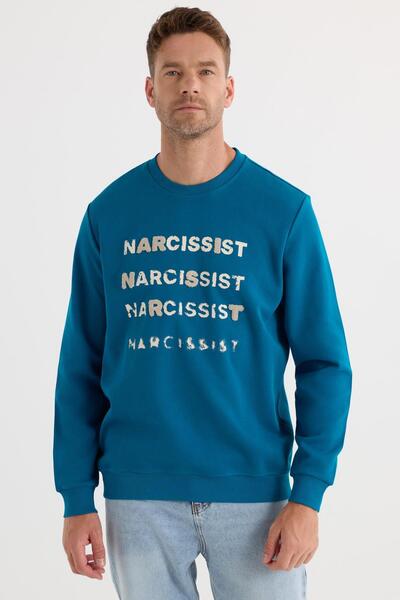 Tudors Unisex Oversize βαμβακερό μαλακό υφή Crew λαιμόκοψη εμπριμέ τιρκουάζ φούτερ με φλις εσωτερικά