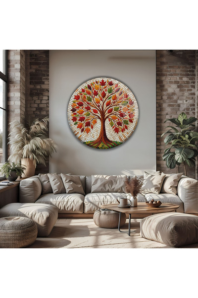 BestSanat Mozaik Hayat Ağacı Yuvarlak Cam Tablo