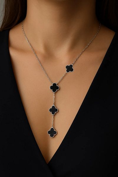 The Collection Y Necklace Tarnish Free Silver Black Enamel Women's Steel Necklace