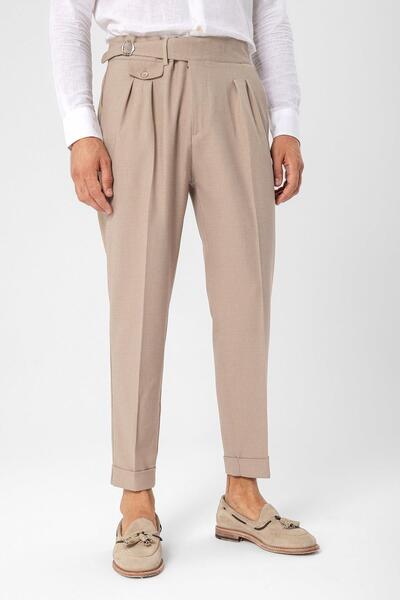 Antioch Light Beige High Waist (Boyfriend) Pleated Fabric Trousers with Buckle Belt