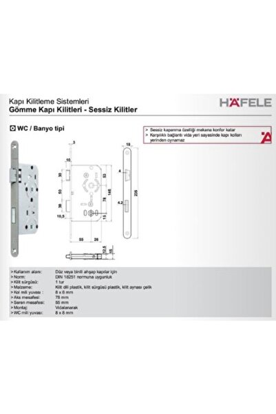 Hafele Sessiz Kilit Wc Tipi Gümüş Renkli 55MM/18MM Sağ