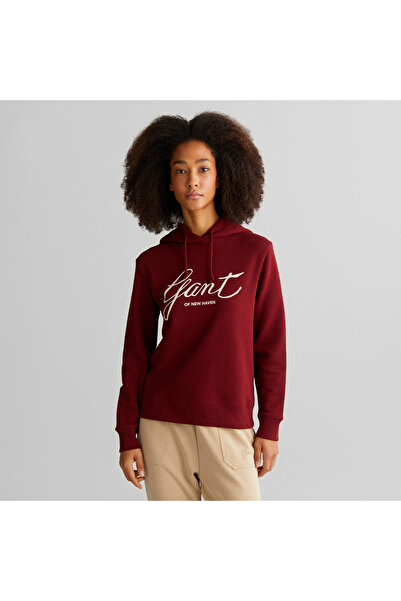 Gant Kadın Bordo Relaxed Fit Kapüşonlu Logolu Sweatshirt