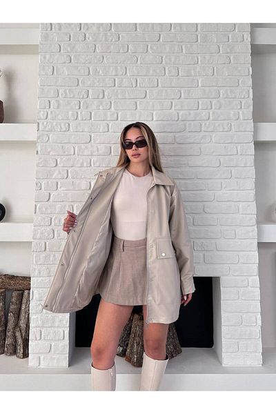VESS MODA Women's Snap Detailed Long Leather Jacket