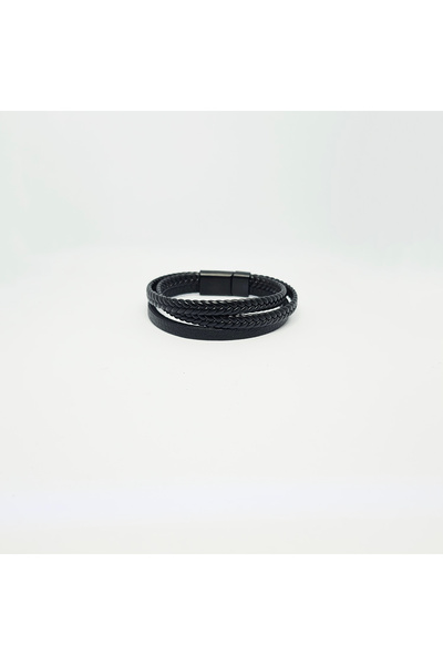EleganTrend Black Knitted Men's Bracelet with Steel Details