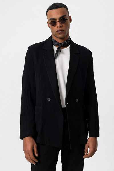 Antioch Black Double Breasted Closure Unlined Men's Blazer Jacket