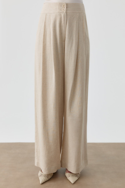 Tuğba Pileli Keten Pantolon - Bej