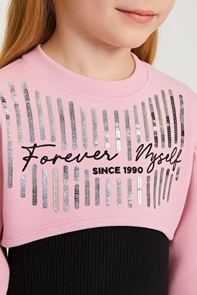 Kübra Tekstil Girls' Two-Piece Suit – Black Dress and Pink Sweatshirt, Stylish Casual Combination, Girls' Dress