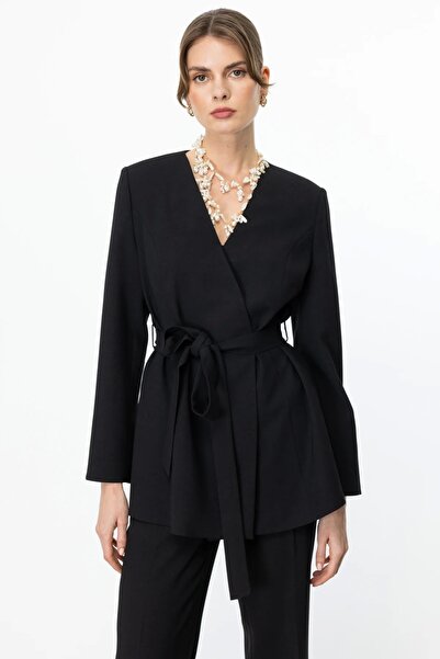 Ekol Черно двуредно яке с колан и двойни копчета