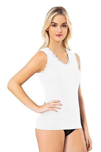 Queenchic Women's Wide Strap Combed Cotton Camisole Cotton Lace Detailed Tank Top Single White - Bynvakos-6G47U3-Be