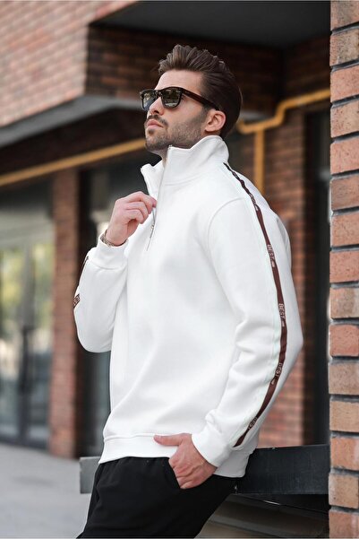 Madmext Ekru Fermuarlı Yarım Balıkçı Yaka Erkek Sweatshirt E7164
