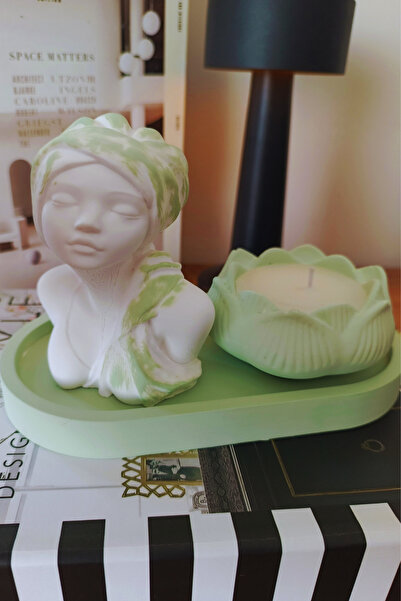 FourClovers 3’lü Dekoratif Set – Mint Yeşili Lotus Mum, Kadın Büst Heykel ve Sunum Tabağı (Biblo & Obje)