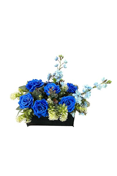 sedoshhomevision Siyah Metal Sepette Mavi Gül Aranjmanı (40x25 Cm)yapay Çiçek...