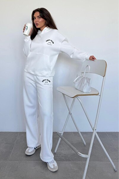 Madmext Ecru Hooded Printed Women's Tracksuit Set Mg2524