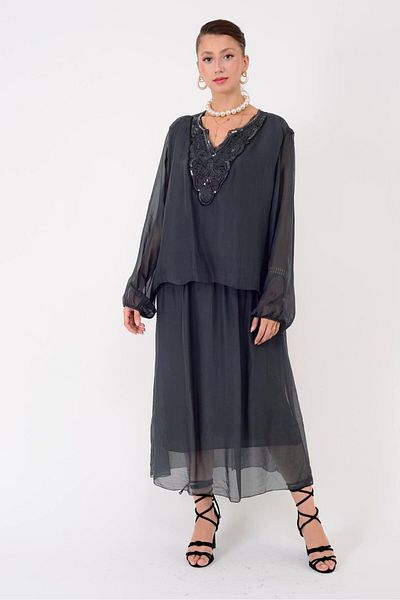 Park Moda Sn780 Sequence Embosed Collar Detail Silk Dress