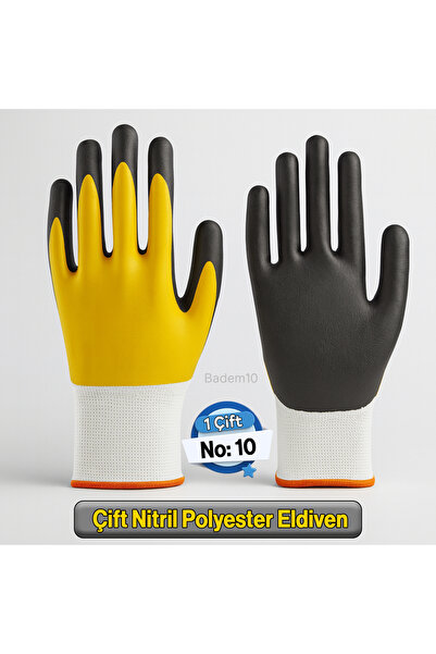 Badem10 Double Nitrile (Yellow-Black) No: 10 Size XL Polyester Double Nitrile Work Safety Construction Gloves
