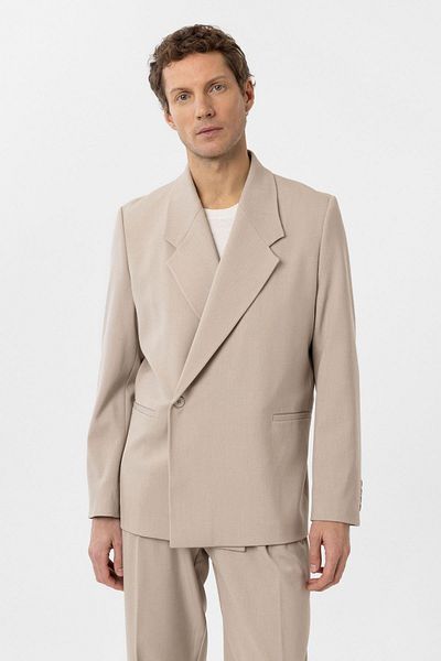 Antioch Light Beige Double Breasted Closure Men's Blazer Jacket with Flap Pockets