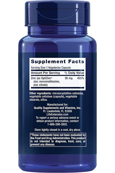Life Extension ZINC 50 MG LIFE Capsules - Life Extension Zinc 50 mg - High - 90 Vegetarian Capsules
