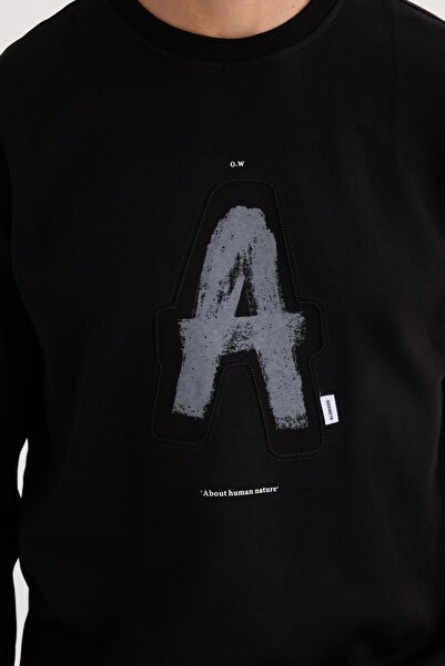 Tudors Unisex Relax Fit Rahat Kesim Pamuklu Yumuşak Dokulu Bisklet Yaka İç Polarlı Baskılı Siyah Sweatshirt