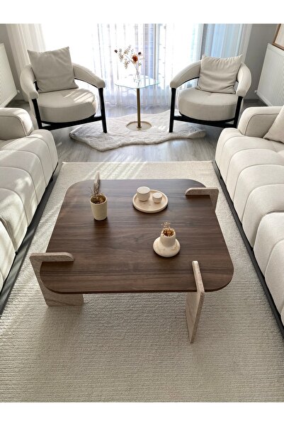 MONEayna Afrolli Ceviz Desen Orta Sehpa İskandinav Bohem, Stil 70x70 Cm