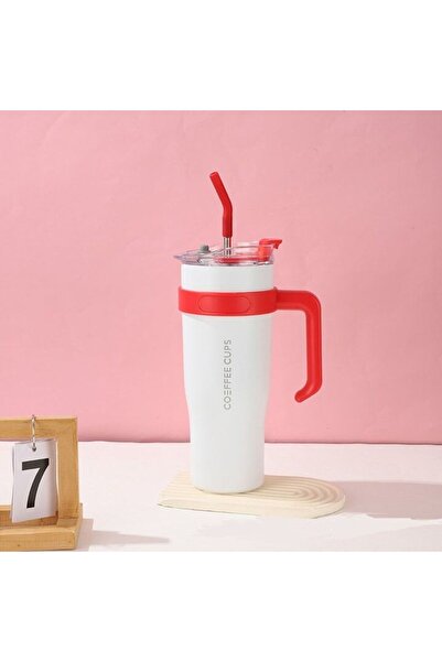 Mixbo Termos pentru adulți cu mâner și pai, oțel inoxidabil, alb, 1,2 l