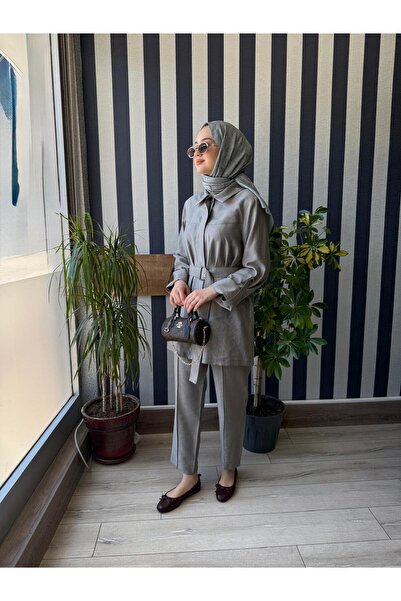 Nuss Kemer Detay Pantalonlu Takım 1050 Gri