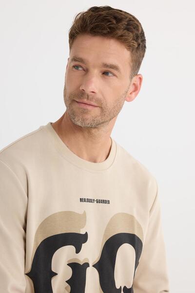 Tudors Men's Relax Fit Relaxed Cut Cotton Elastic Sleeve Crew Neck Printed Beige Sweatshirt