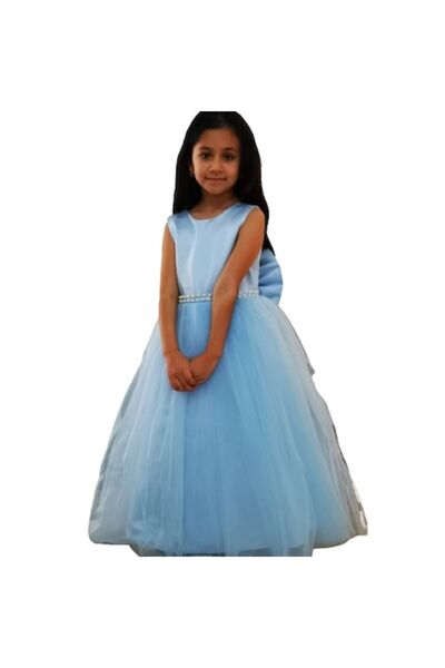 OEM Princess Dress with Pearls and Font, V Back Design, Blue, 7-8 Years, 120-130 CM