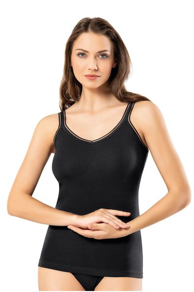 Zeta Group Women's Decorative Strap and Detailed Tank Top Cotton Black Single - Black - Ilc2.Kog-6I46K0-Si