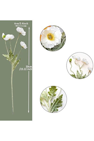 Nettenevime Yapay Çiçek Gelincik Çiçeği Beyaz Renk 3 Çiçek 1 Tomurcuk 59Cm