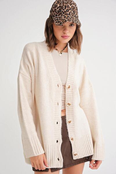Mixray 6927 Women's Soft Textured Casual Basic Knitwear Cardigan Natural