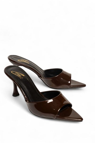 ELAIA SHOES Aurelia Brown Patent Leather Look Heeled Sandals